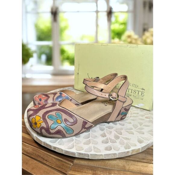 Spring Step L’Artiste Leoluv Mary Jane Sandals 38 US 7.5-8 Beige Multi Handpaint - Picture 6 of 16